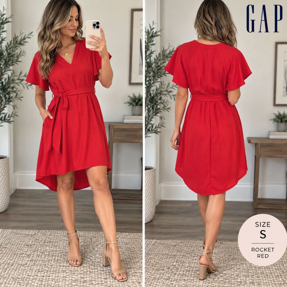 Gap Rocket Red Dress S Flutter Sleeve Tie Waist V Neck Pockets High Low 2018